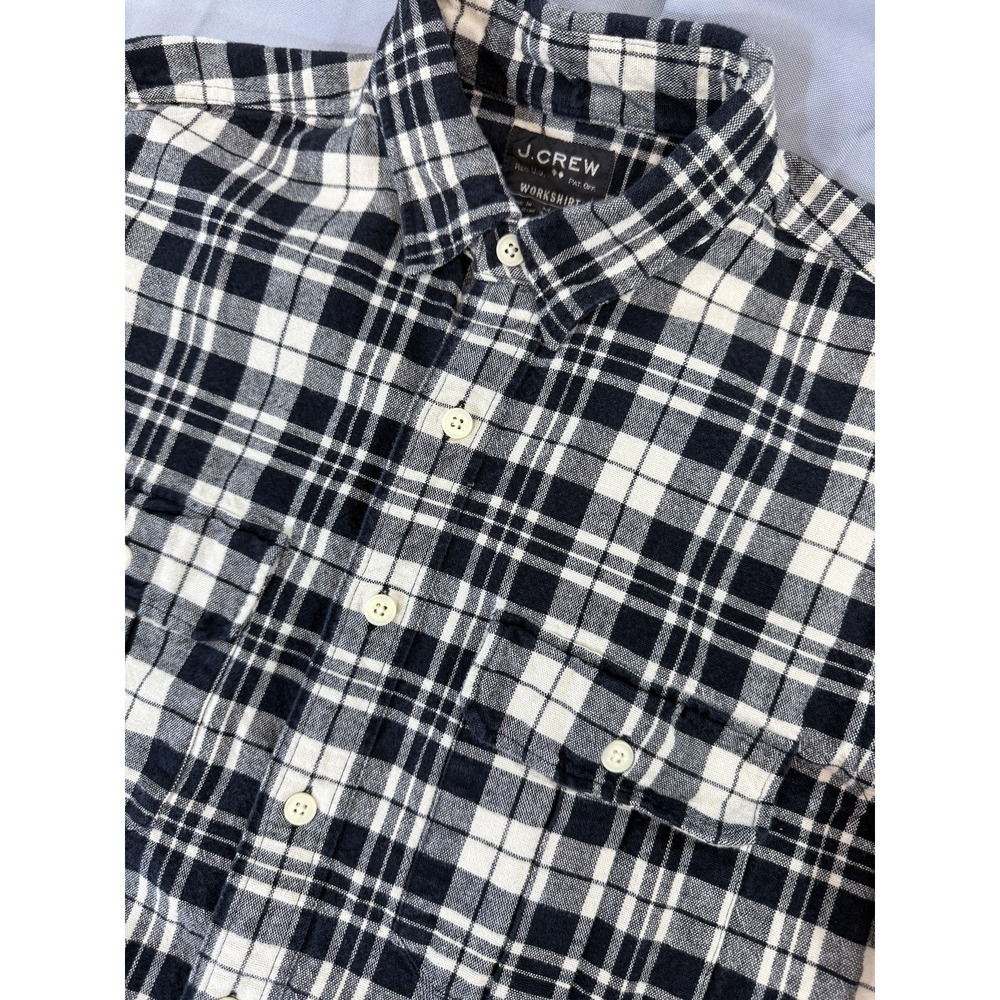 J Crew Shirt Mens Medium Blue White Plaid Flannel Workshirt Button Up Cotton‎